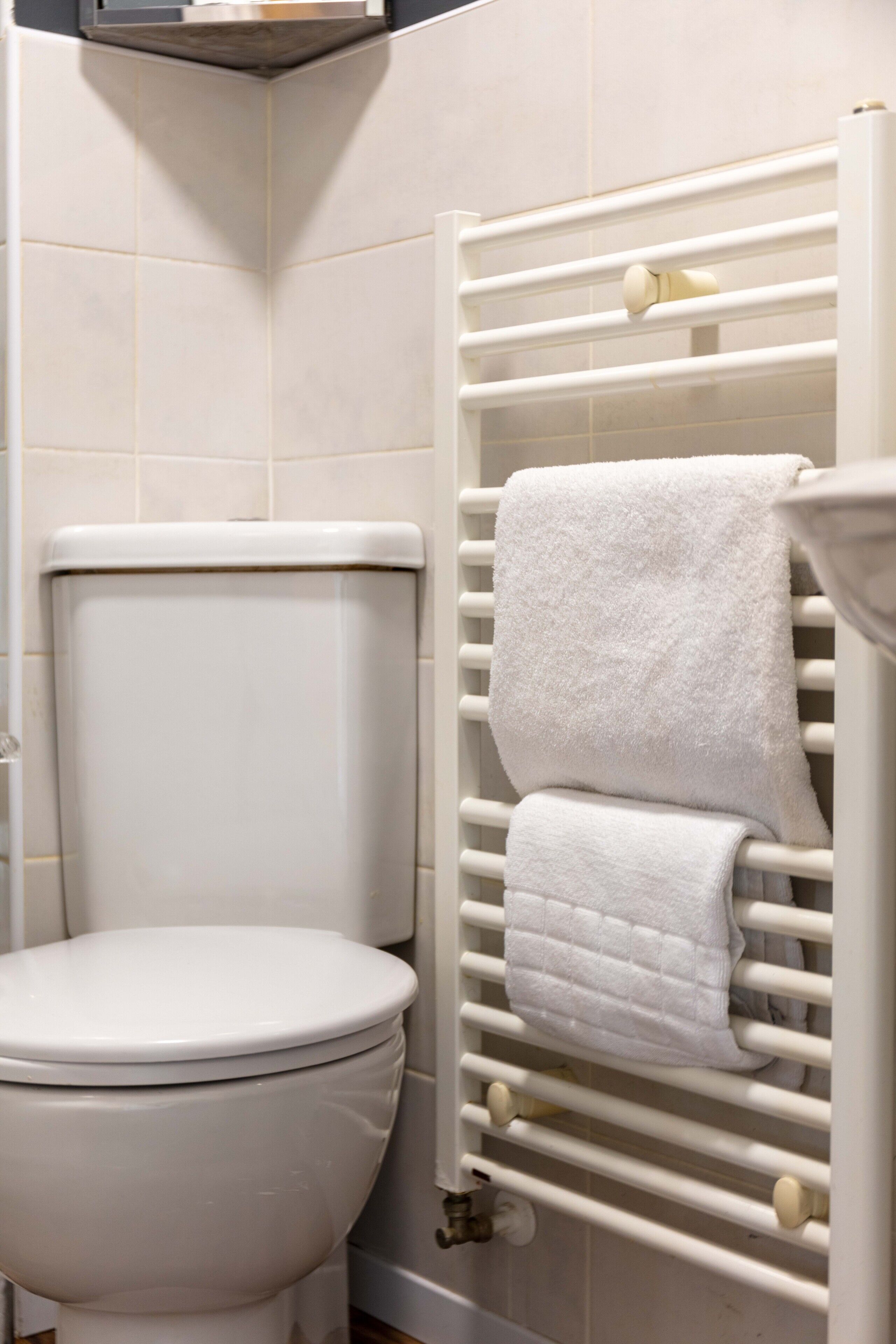 A bathroom with a toilet, a towel rack, and a sink.