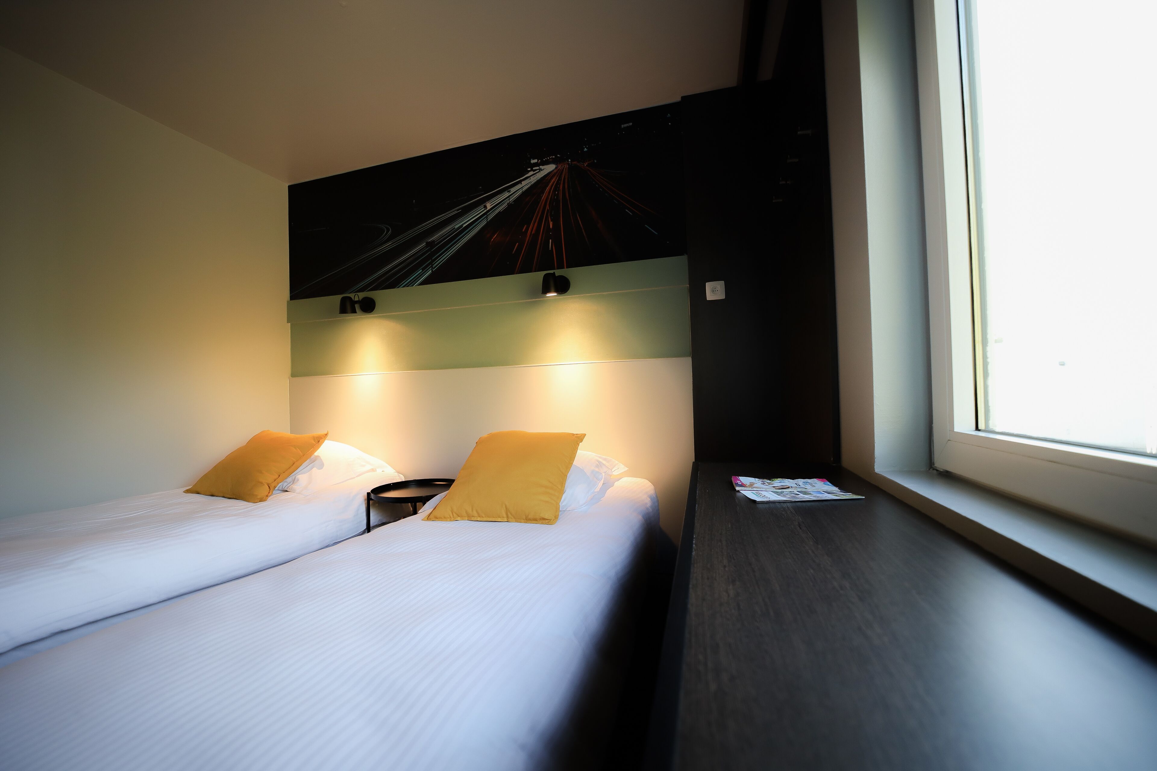 comfort twin room | desk, laptop workspace, blackout curtains, soundproofing