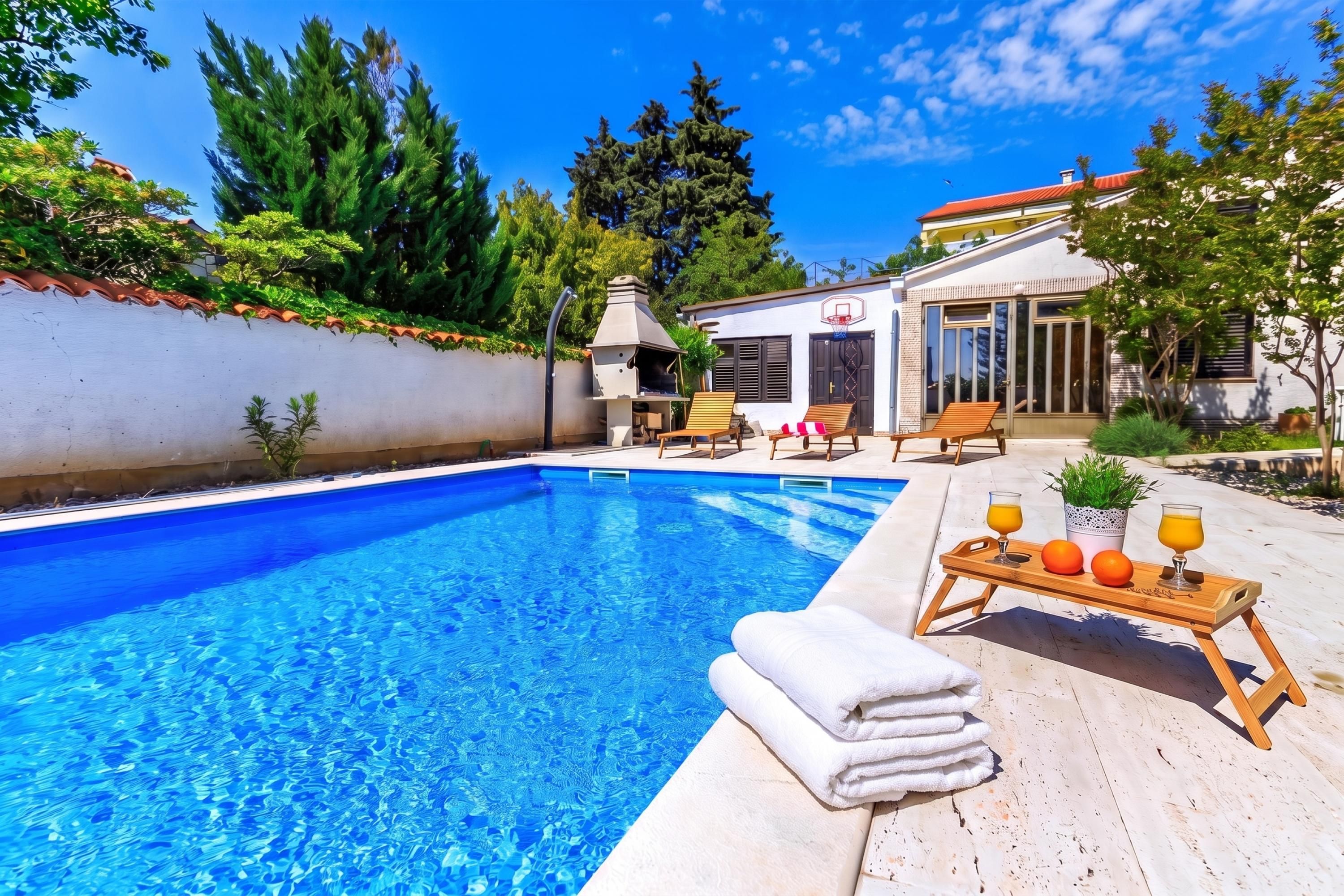 Una piscina con muelle de madera, sillas de descanso y una parrilla.