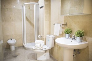 Shower, hair dryer, towels