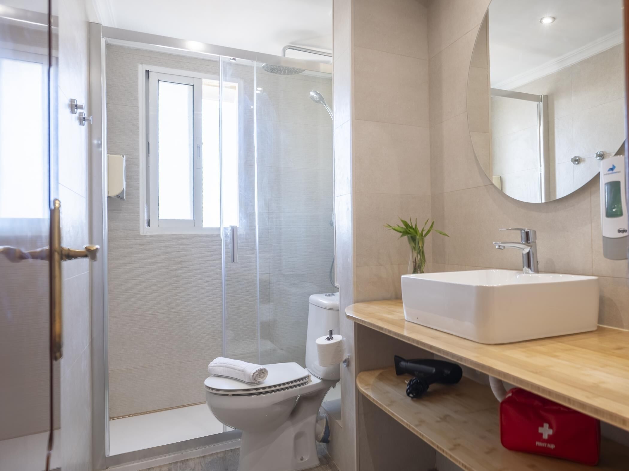 A modern bathroom with a glass-enclosed shower, a toilet, a sink, and a mirror.