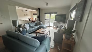 Smart TV, fireplace, DVD player, books