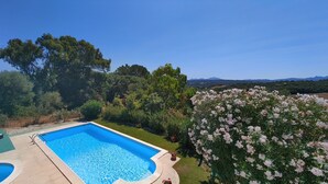 A rectangular swimming pool with a clear blue water surface, surrounded by a well-maintained lawn and various shrubs. - Villa Larco, Private Villa, Pool & Gardens & Stunning Views (Bassacutena)
