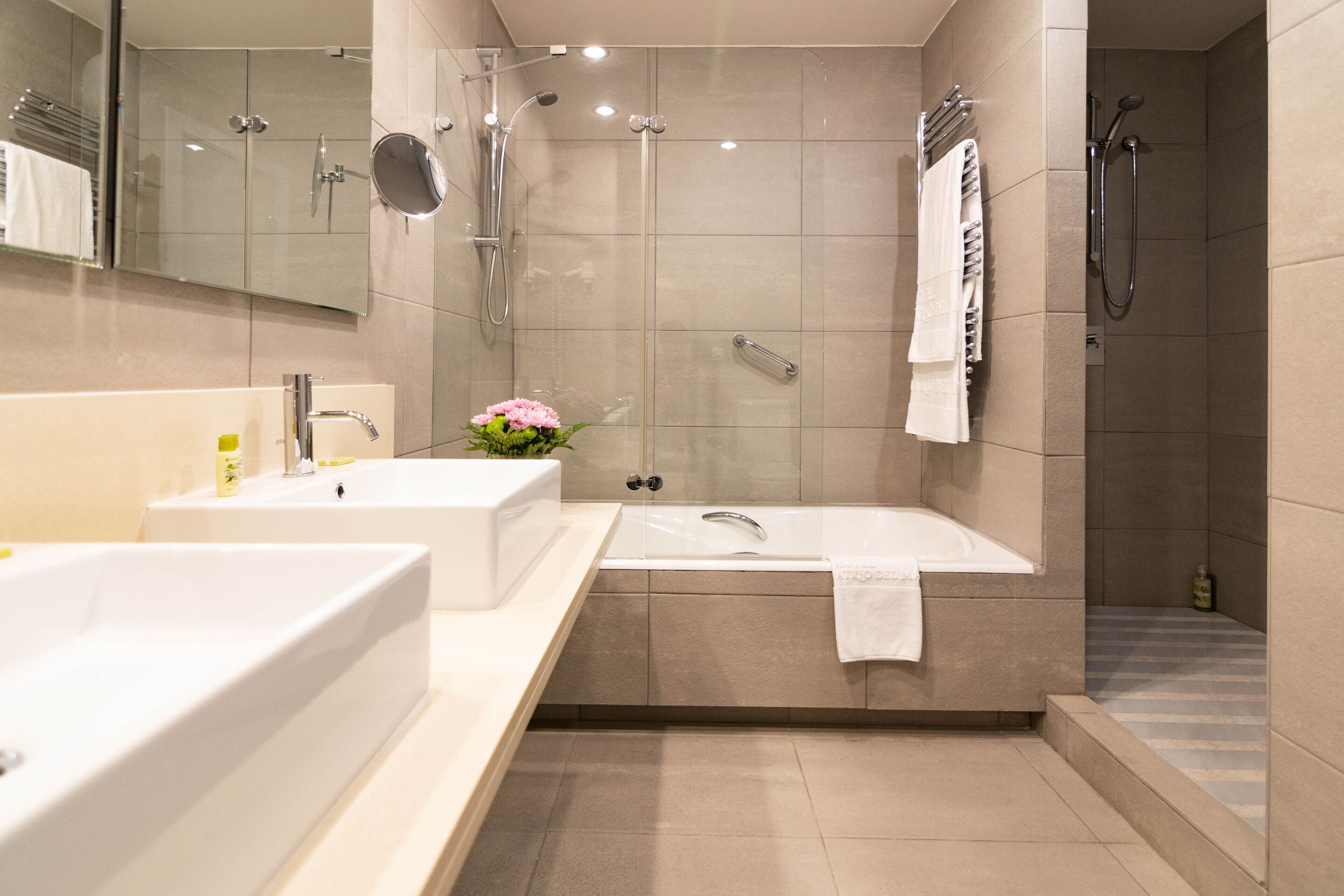 hair dryer, bidet, towels, soap