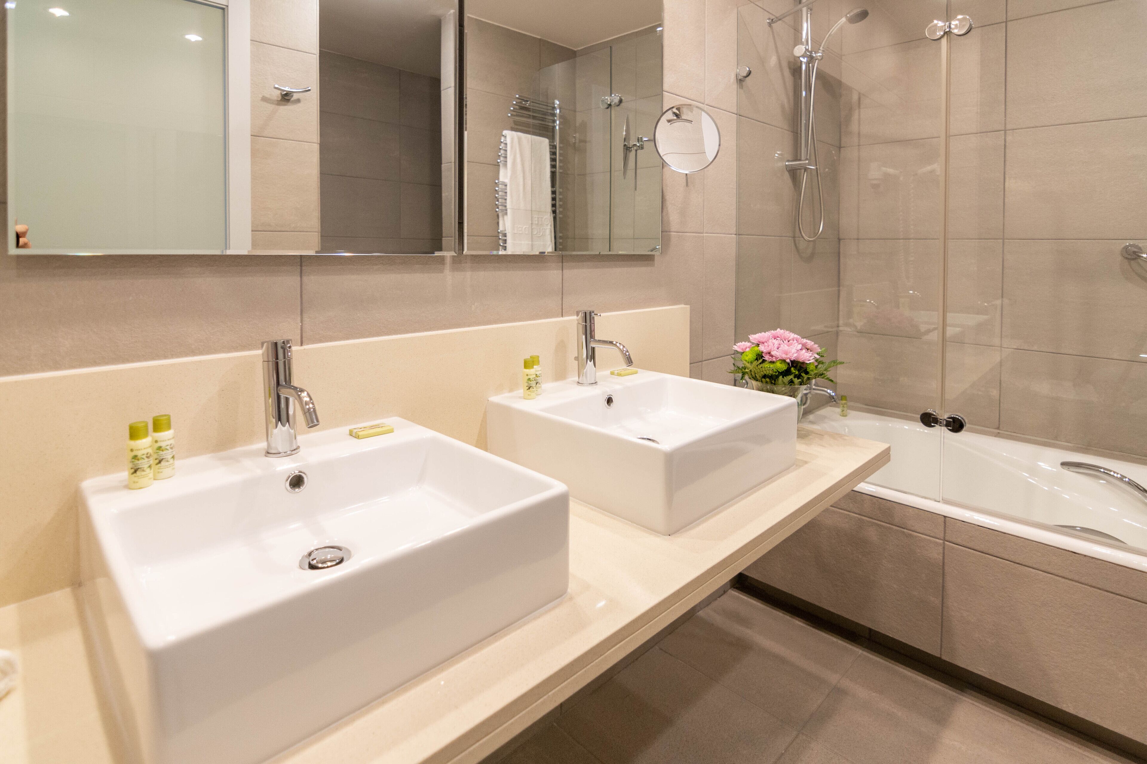 hair dryer, bidet, towels, soap