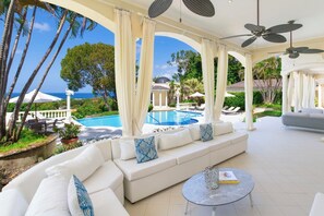 A covered outdoor seating area with a pool, white furniture, and ceiling fans.