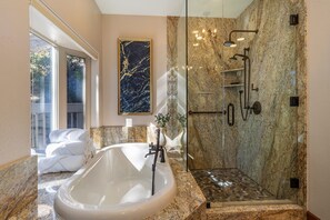 Shower, jetted tub, hair dryer, towels