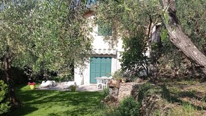 A garden with a white building, a green door, and a stone wall. - Sylviane House (Pietrabruna)