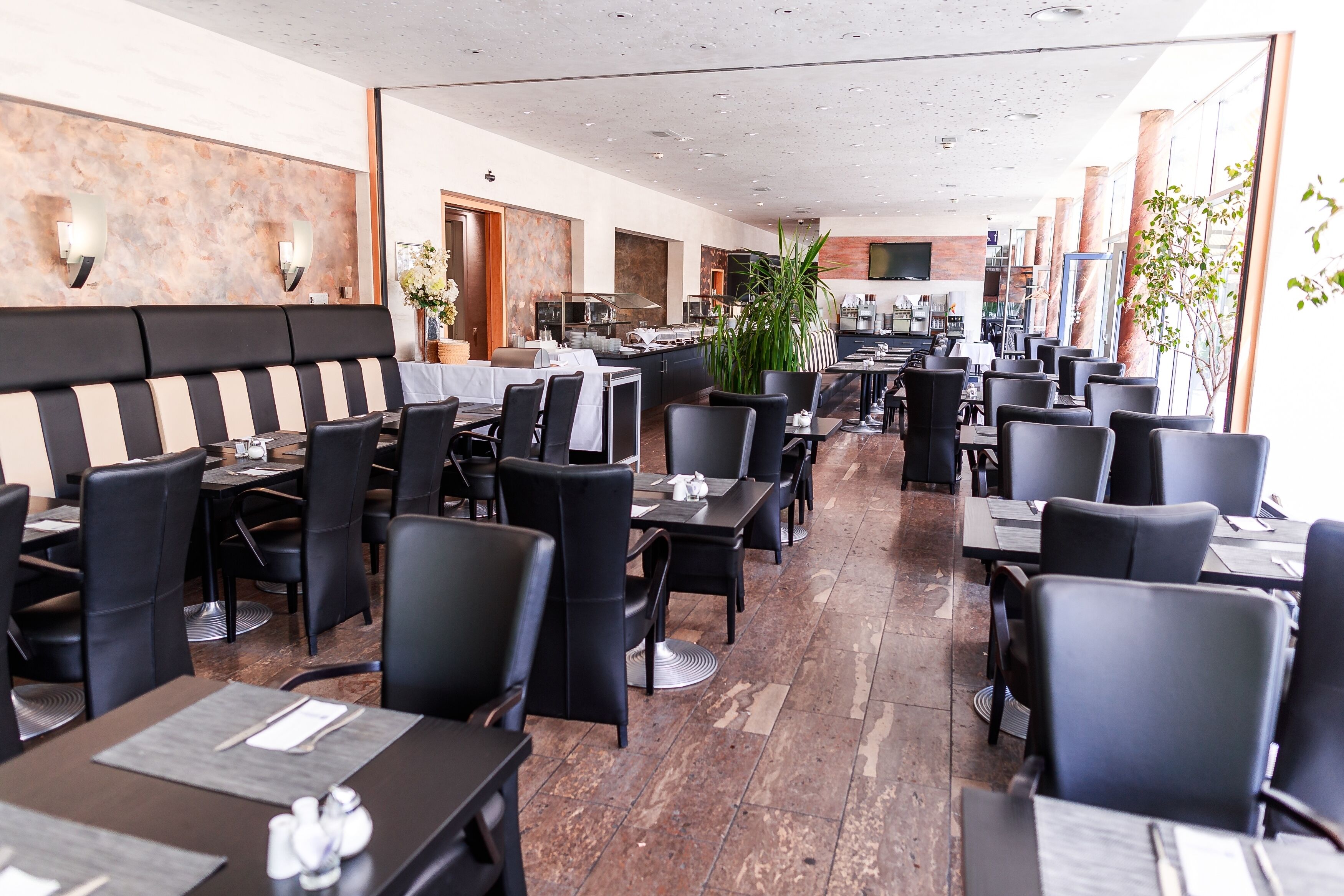 A modern restaurant with black leather chairs and tables, a large plant, and a kitchen area in the background.