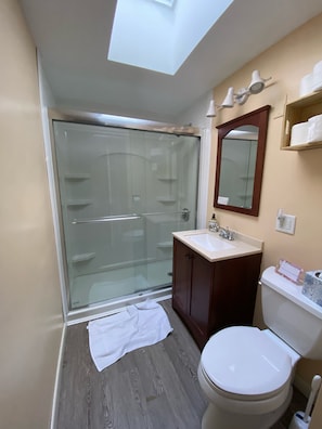 Shower, hair dryer, towels, soap