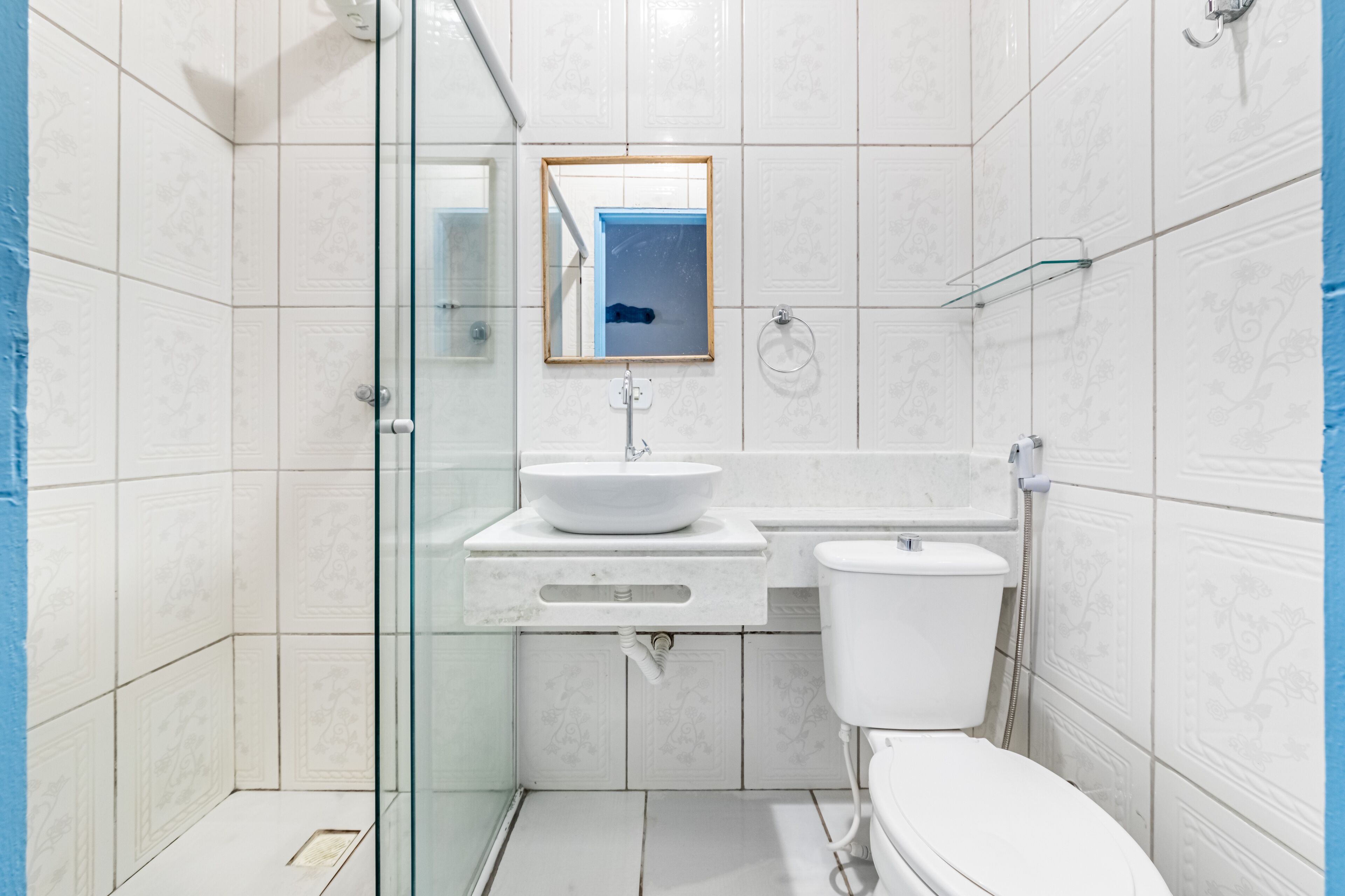 economy triple room | bathroom | shower, towels, soap, toilet paper