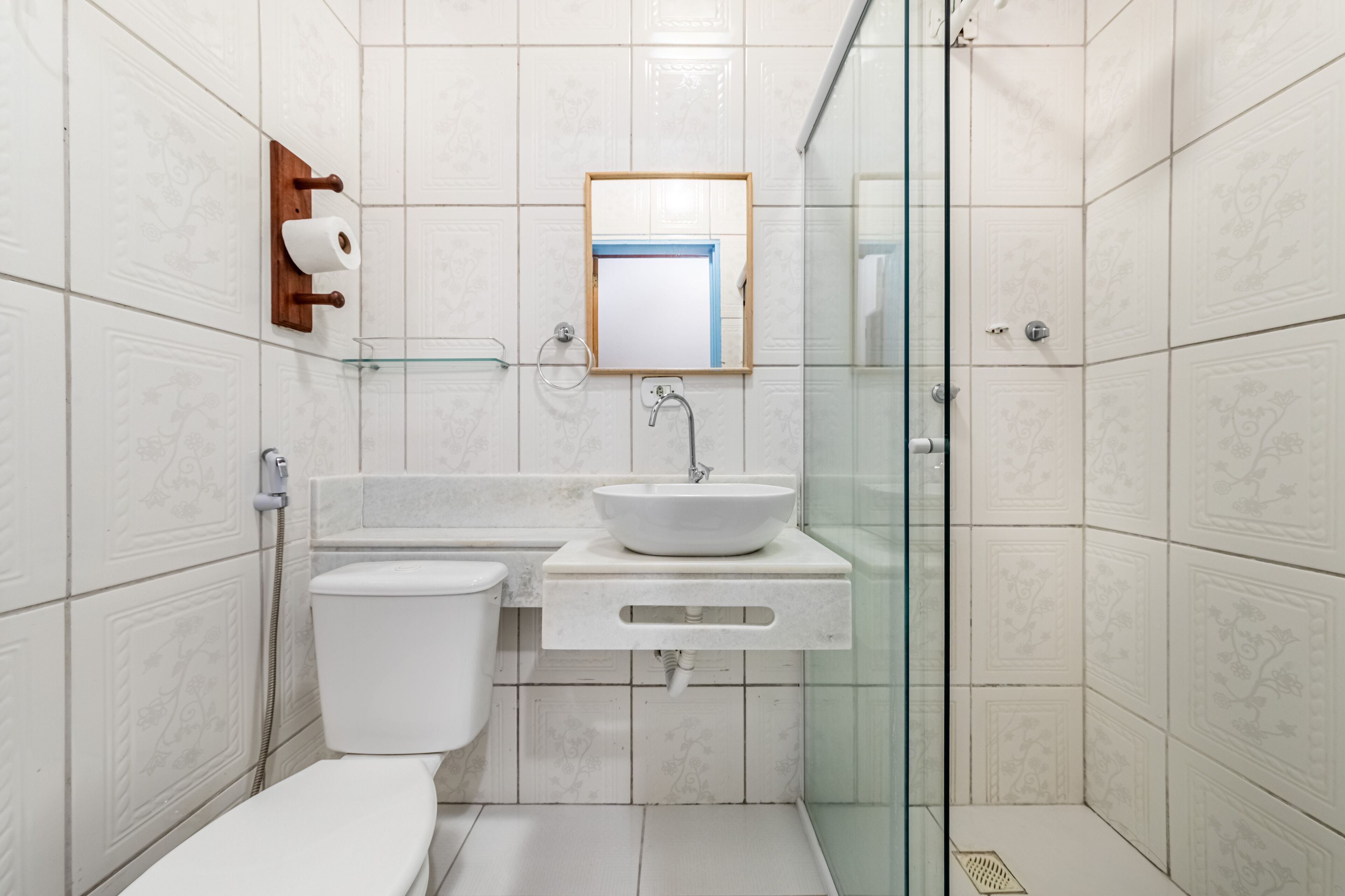 economy triple room | bathroom | shower, towels, soap, toilet paper