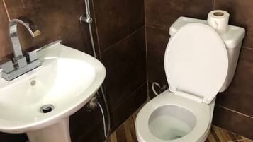 Combined shower/tub, towels, toilet paper