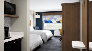 A hotel room with a bed, a desk, a chair, a window, and a television.