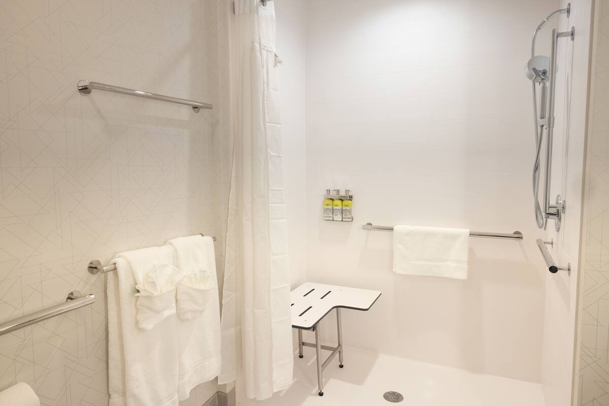 standard room, 1 king bed, mobility accessible (communications, roll-in shower) | bathroom | free toiletries, hair dryer, towels
