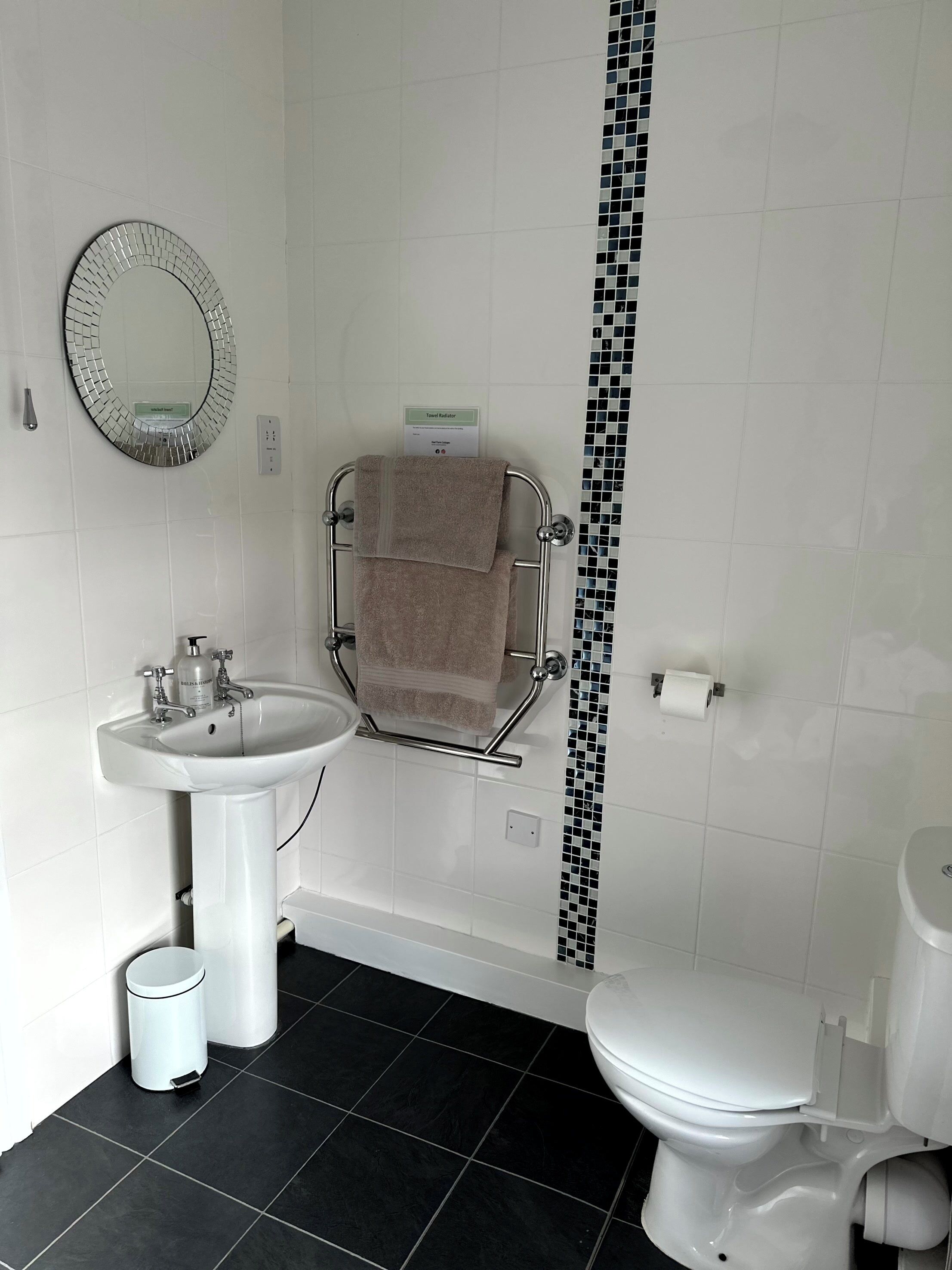 Une salle de bain avec un lavabo blanc, un miroir, un porte-serviettes avec une serviette, des toilettes et une poubelle.