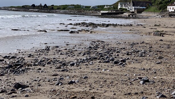 Ein felsiger Strand mit Häusern im Hintergrund.