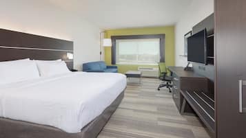 Habitación de hotel con una cama grande, un escritorio con computadora, una silla y un televisor.