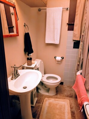 A bathroom with a sink, toilet, and shower area.