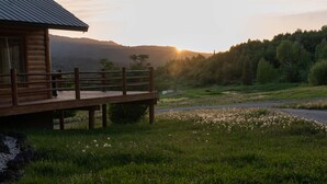 A log cabin with a deck overlooking a meadow with wildflowers and a forested hill in the background.