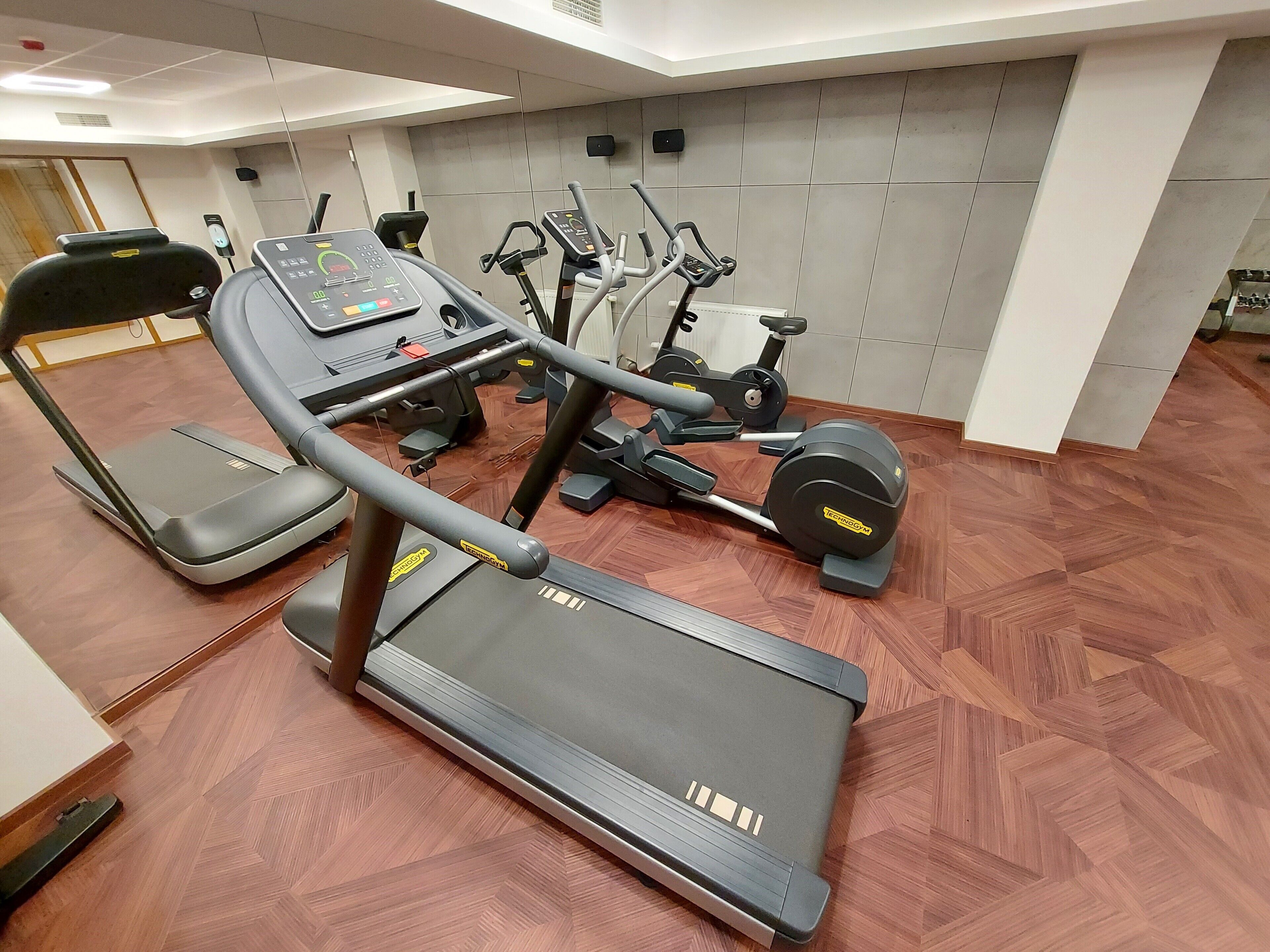 A gym with a treadmill, elliptical machines, and a stationary bike.