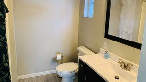 A bathroom with a toilet, sink, and mirror. - Brothers lake drive chalet (Shawano)