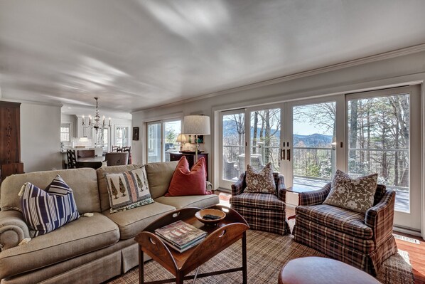 Smart TV, fireplace, books