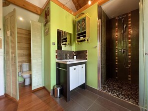 Un bagno con una parete verde, un lavandino, un WC e una zona doccia.