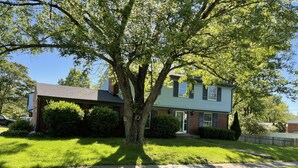 A two-story house with a large tree in front, a well-maintained lawn, and a wooden fence. - Spread out and chill!  Close to shop and eateries and 1 mile expressway (Louisville)