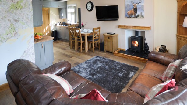 A living room with a brown leather sofa, a fireplace, a television, and a dining area with wooden furniture.