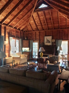TV, fireplace, books