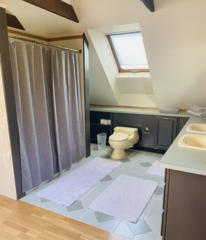 Duschwanne, Handtücher, Seife, Toilettenpapier