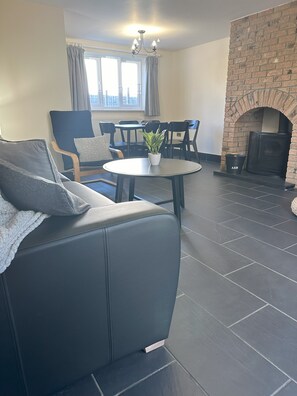 Smart TV, fireplace, books, stereo