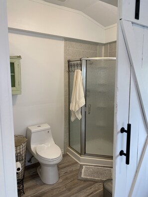 Shower, hair dryer, towels, soap