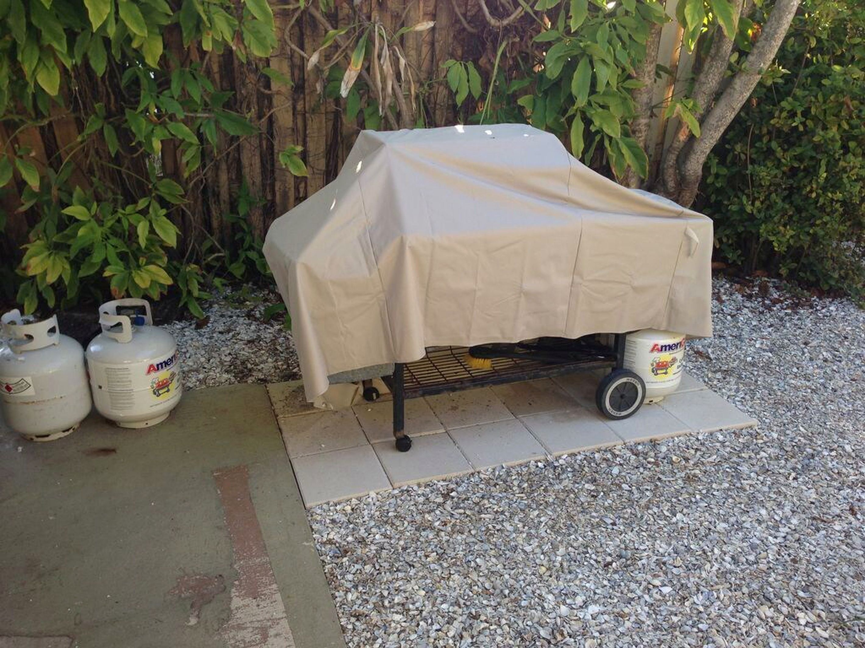 A covered grill cart with propane tanks and a container of Ammonia.