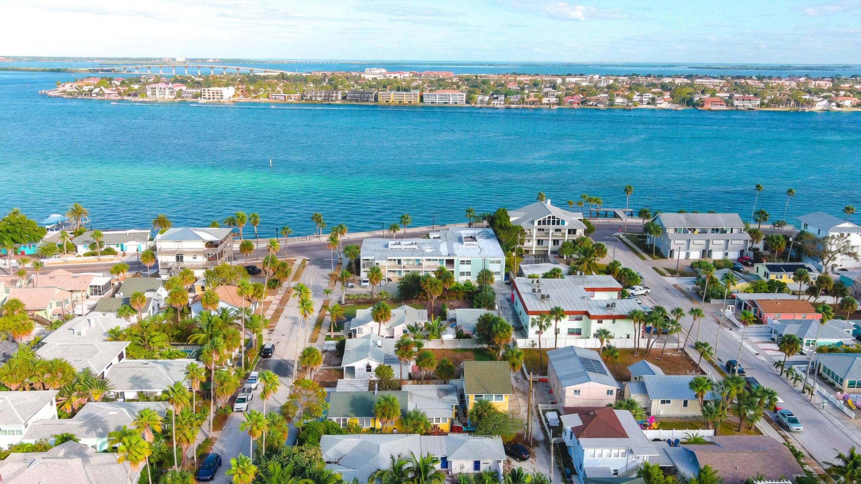 Uma área residencial costeira com casas, uma ponte e vista para o oceano.
