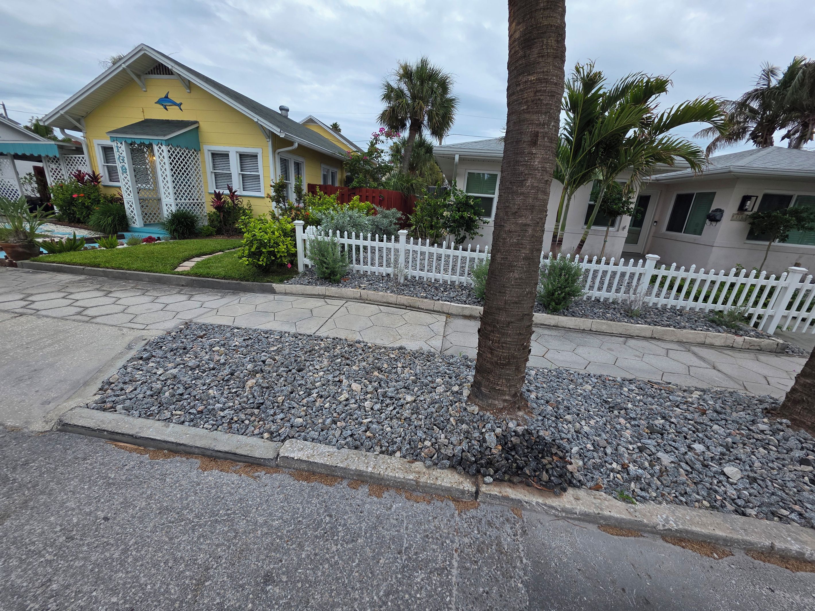 A residential area with houses, a white picket fence, and a palm tree.