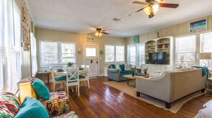 Smart TV, DVD player, books, music library