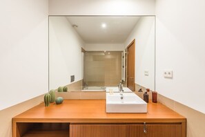 Douche, séchoir à cheveux, serviettes fournies, savon