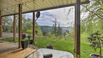 A covered outdoor area with a glass table, potted plants, and a view of a forested landscape.