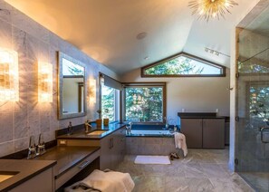 Combined shower/bathtub, hair dryer, shampoo
