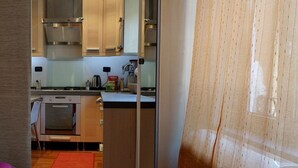 Une cuisine moderne dotée d’appareils électroménagers en acier inoxydable, de meubles en bois et d’un tapis rouge sur le sol.