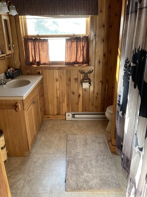 Tina con regadera, toallas, jabón, shampoo 