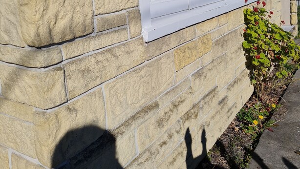 A stone wall with a window featuring white shutters and a small plant growing beside it. - Womans Beauty  (Christchurch)