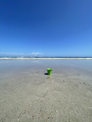 On the beach, sun-loungers, beach towels