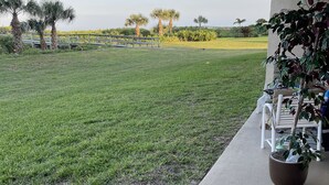 A patio area with a lawn, a potted plant, and outdoor furniture. - 3 bedroom condo in cocoa beach (Cocoa Beach)