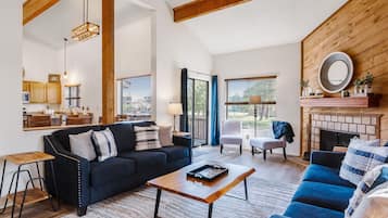 Télévision, cheminée, livres