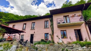 A two-story building with a pink facade, a stone wall in front, and a balcony with potted plants. - Casa Pina by Interhome (Porlezza)