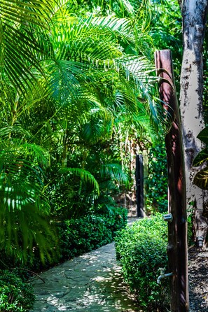 A garden pathway surrounded by lush green foliage and a wooden post with a metal fixture. - Casa Lirica 4-Bedroom Home w/ Salt Water Pool @ Playa Grande Beach (Palm Beach Estates)