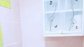 Combined shower/tub, hair dryer, towels, soap